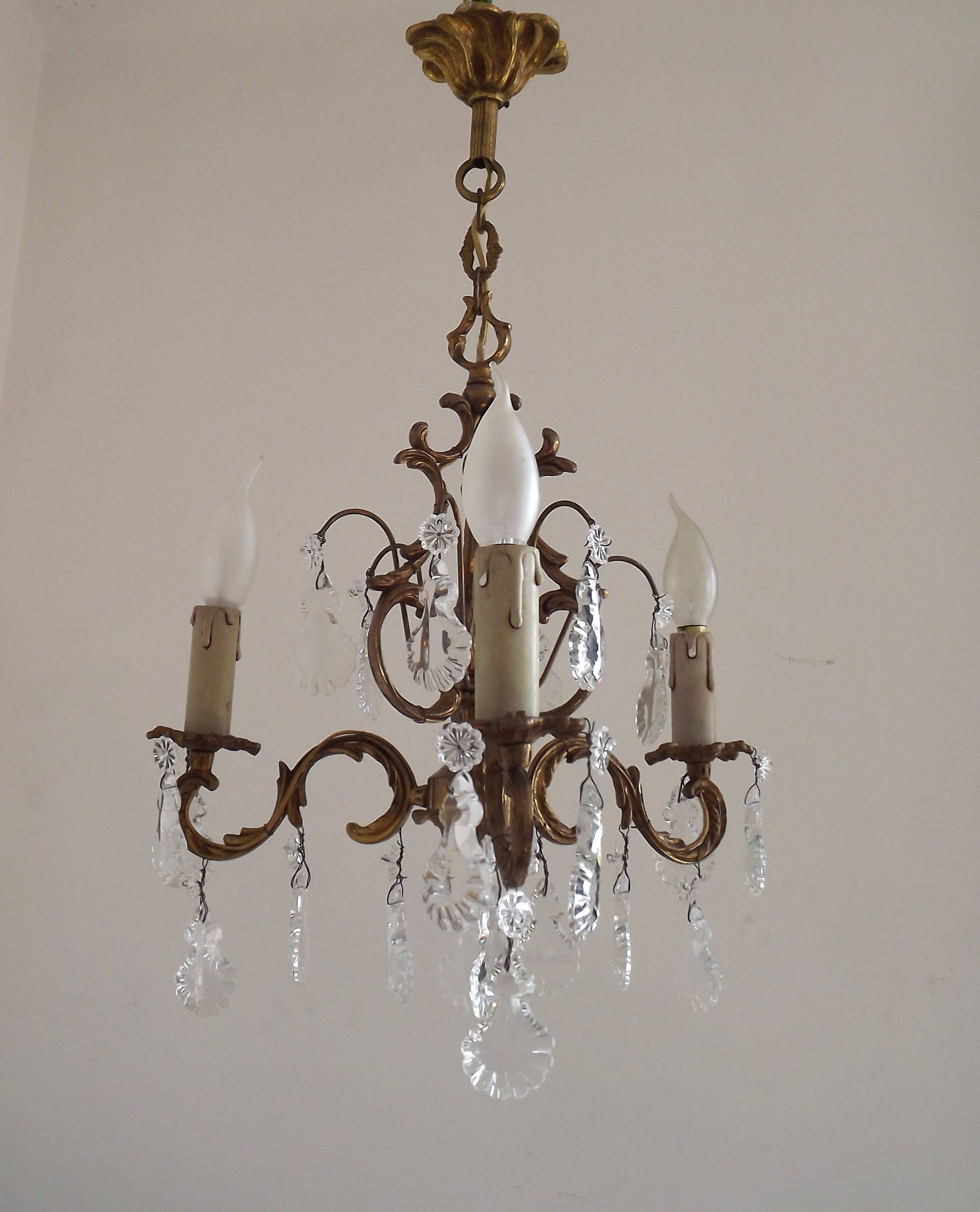 Chandelier en cage en bronze et cristal à 3 lumières Acanthus Art Nouveau français