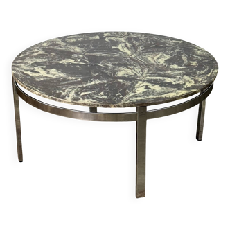 Round vintage coffee table with marble top and chrome base