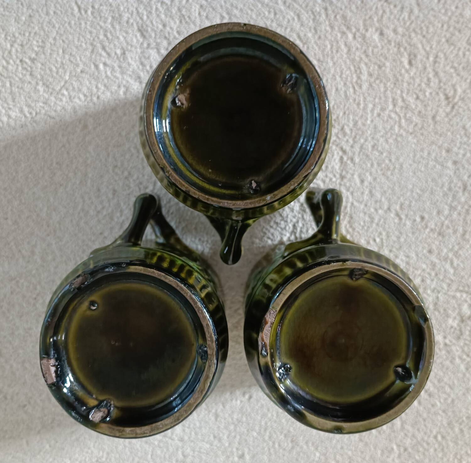 3 cups and saucers in bamboo-decorated earthenware