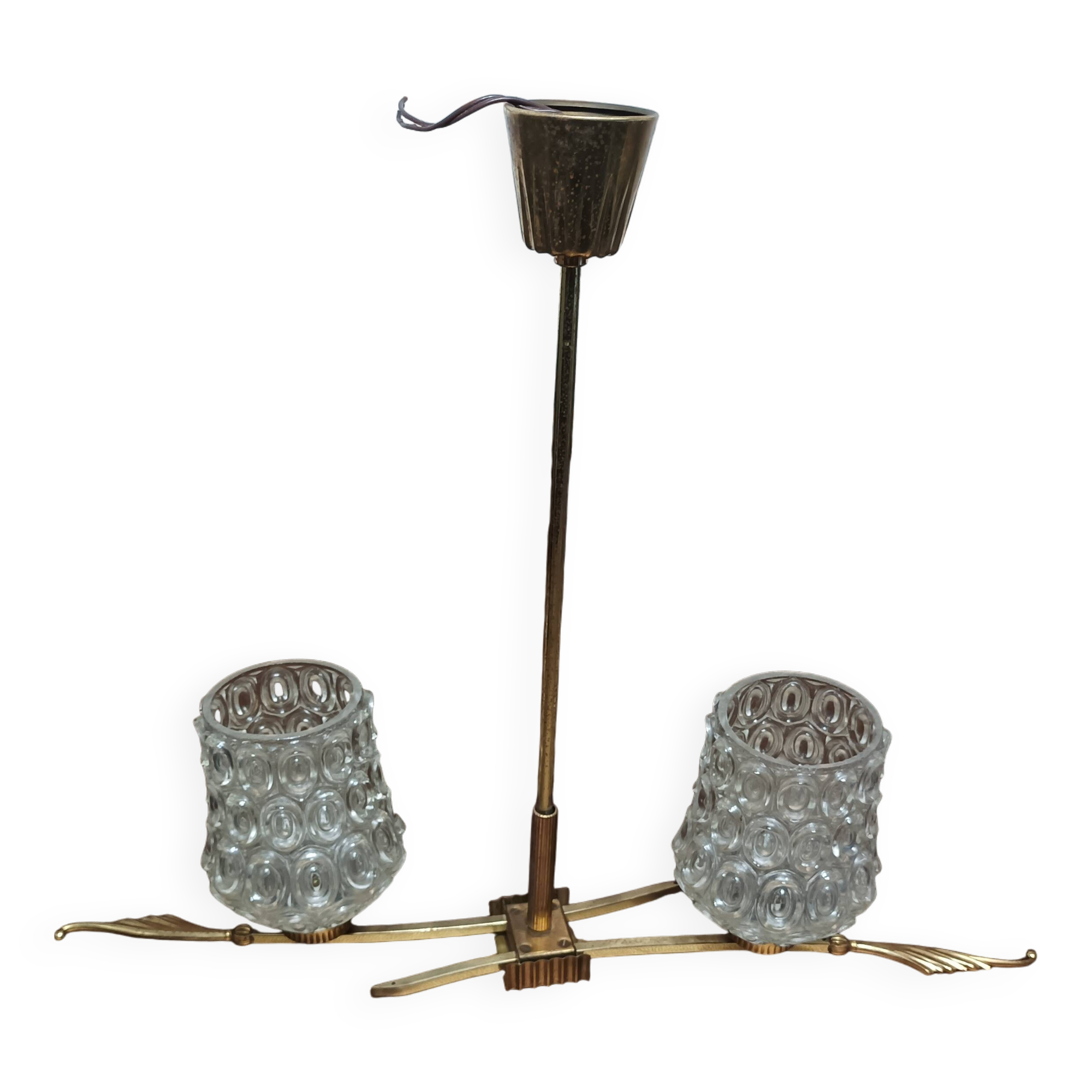 Vintage 1960s glass and brass chandelier from the 50s - 2 branches
