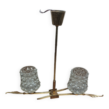 Lustre 2 feux en verre et laiton, années 50-60