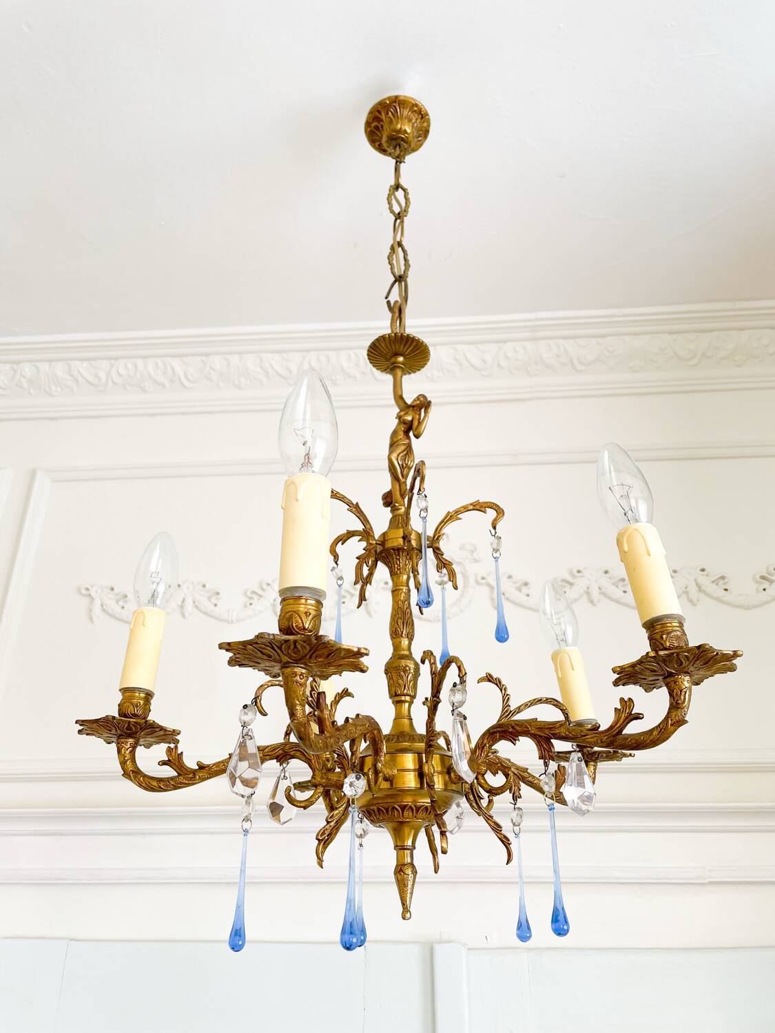 Élégant lustre vintage en bronze avec pampilles Murano bleu saphir – 5