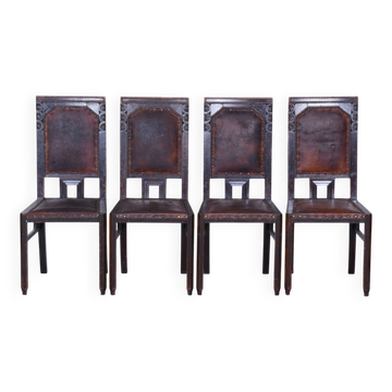 Chaises cubistes tchèques en chêne et cuir rouge par Josef Gočár, années 1910, ensemble de 4
