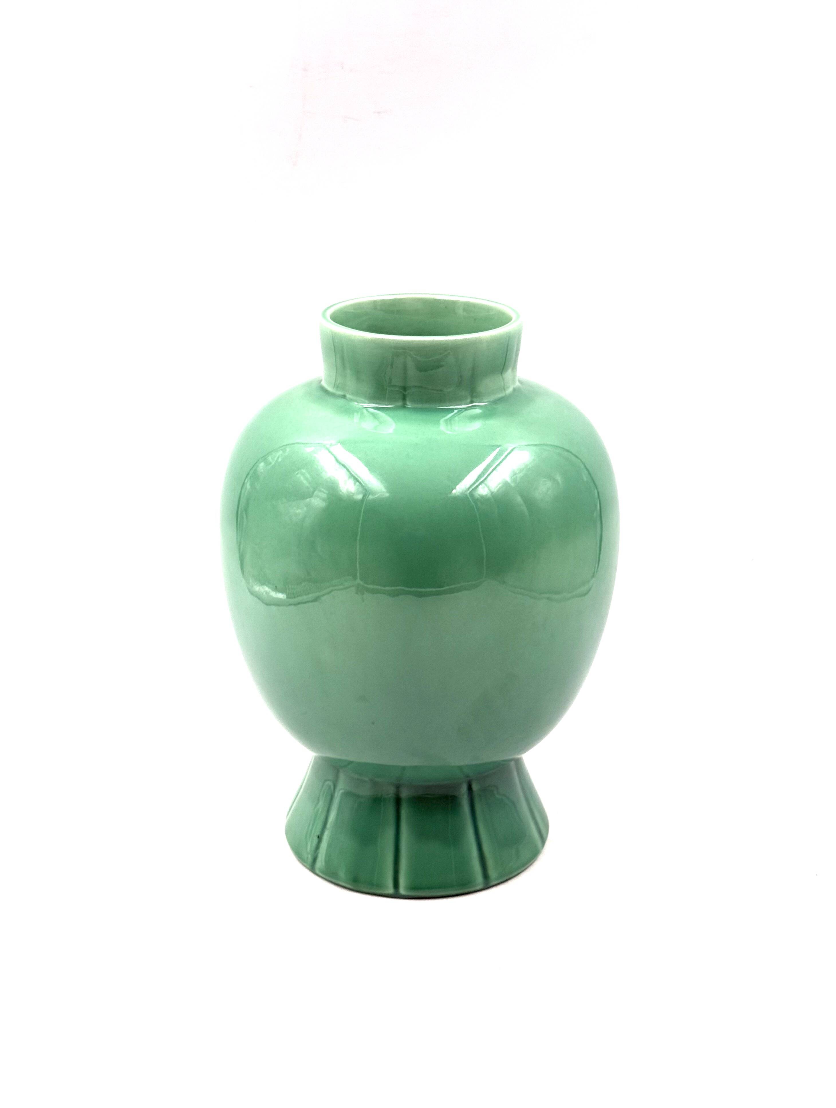 Paul Millet, Art Deco green ceramic vase, Sevres France 1930s