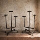 Pair of brutalist wrought iron candlesticks, France, three lights, signed