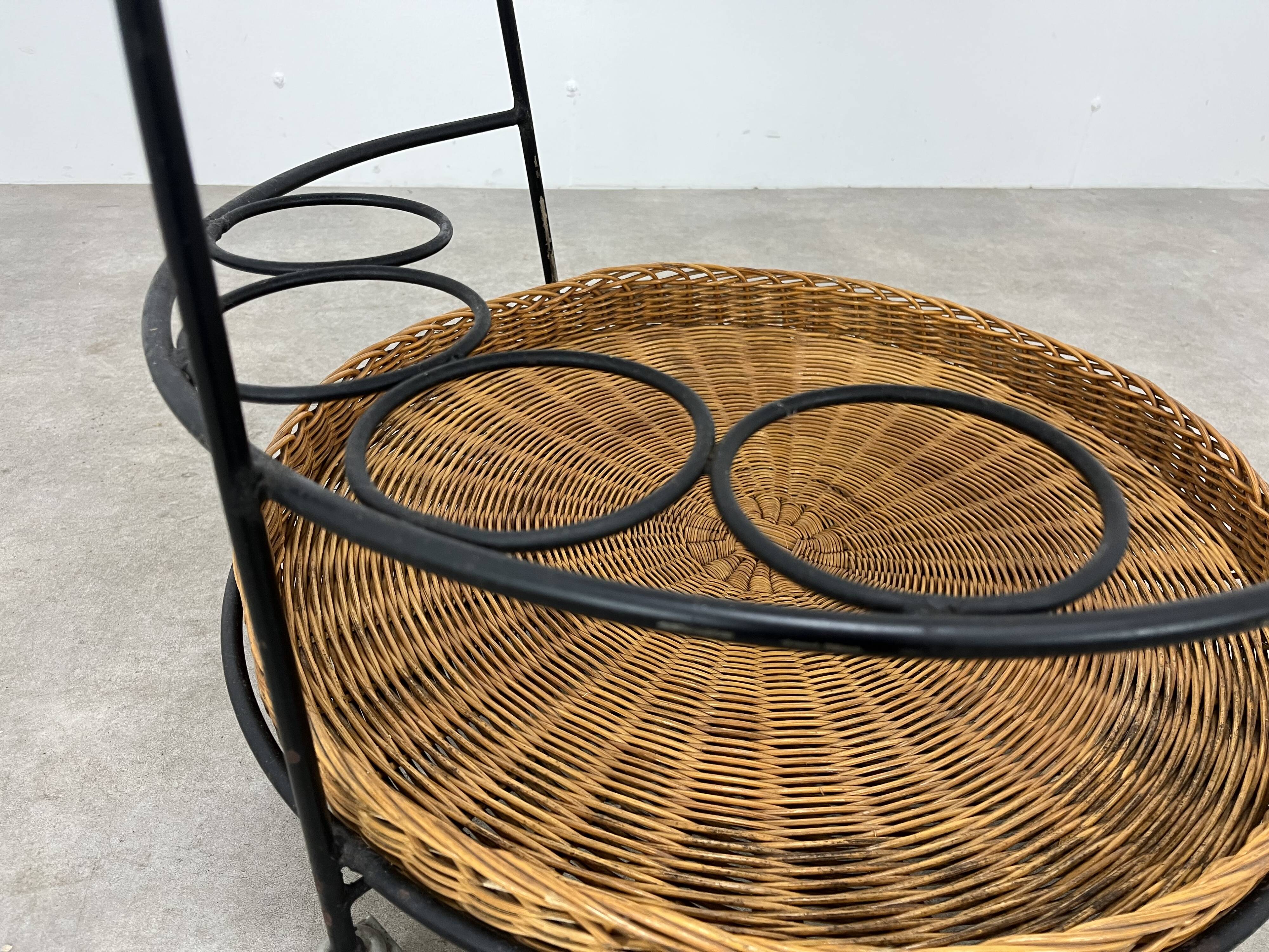 Raoul Guys style metal and rattan serving trolley from the 50s
