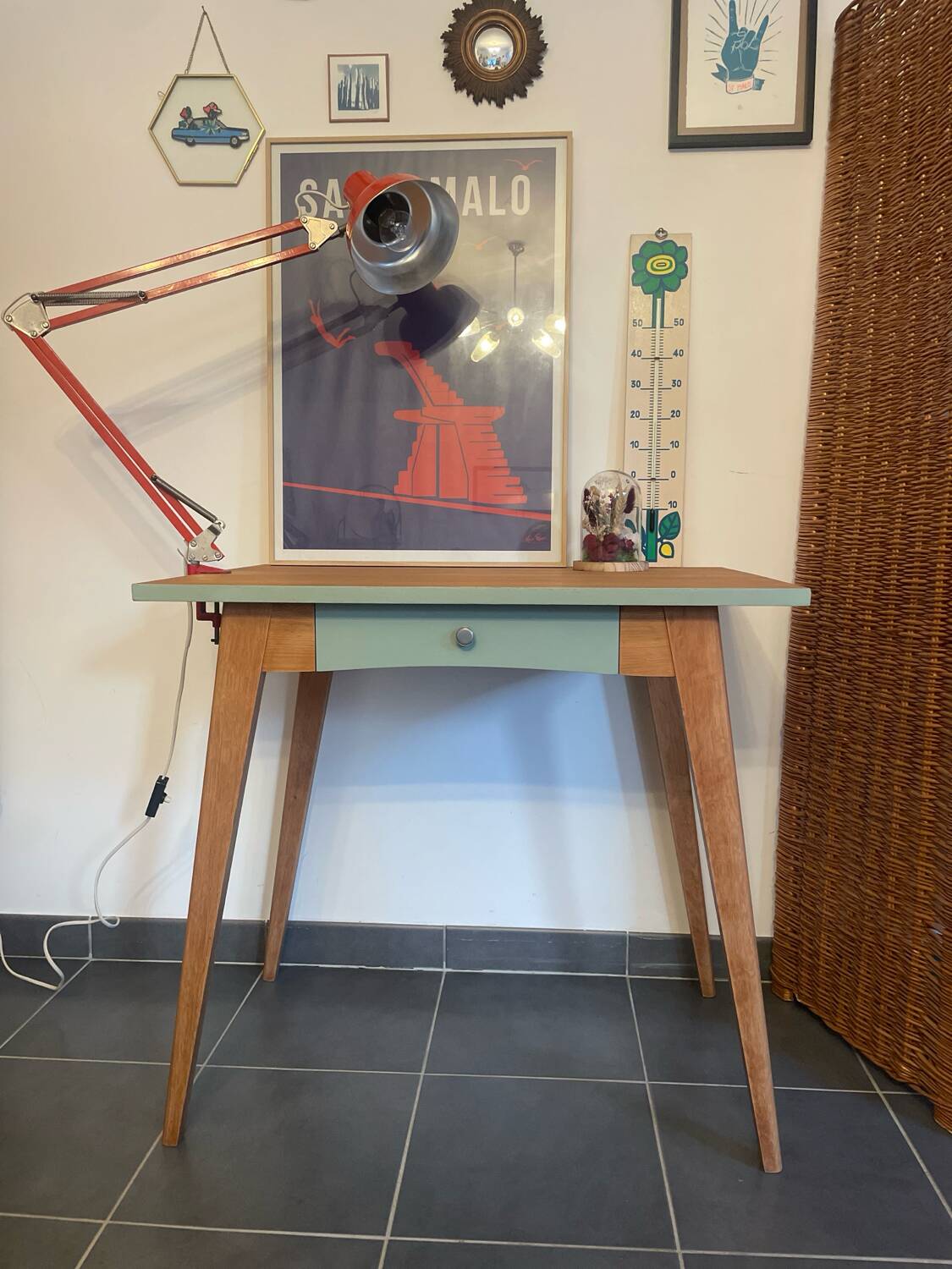 Modernized Vintage Desk – Light Wood & Sage Green