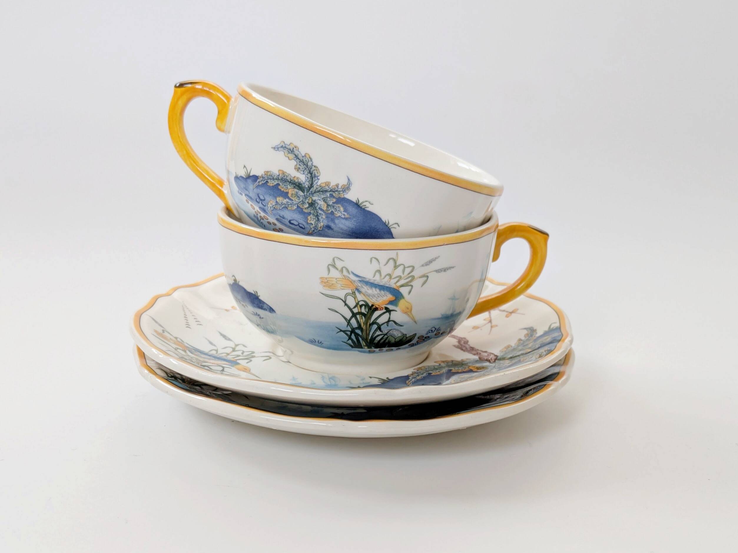 Set of 2 Gien Magellan "Caribbean" cups and saucers, vintage earthenware