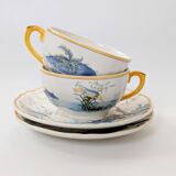 Set of 2 Gien Magellan "Caribbean" cups and saucers, vintage earthenware