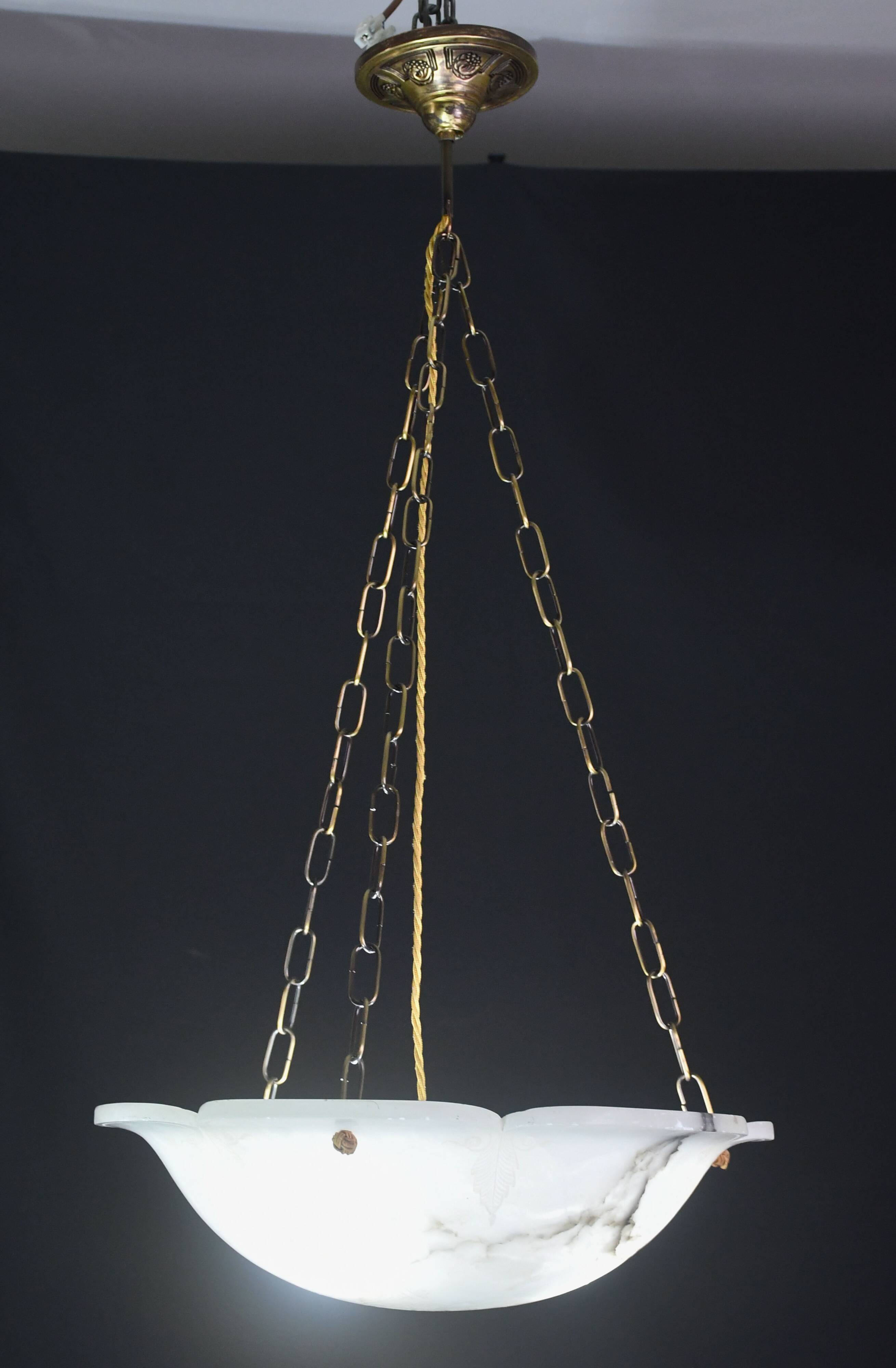 Great design extra large size Art Deco white alabaster chandelier, 1950s