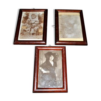 Lot de 3 cadres photos anciens en bois avec photographies Alsacienne noir et blanc