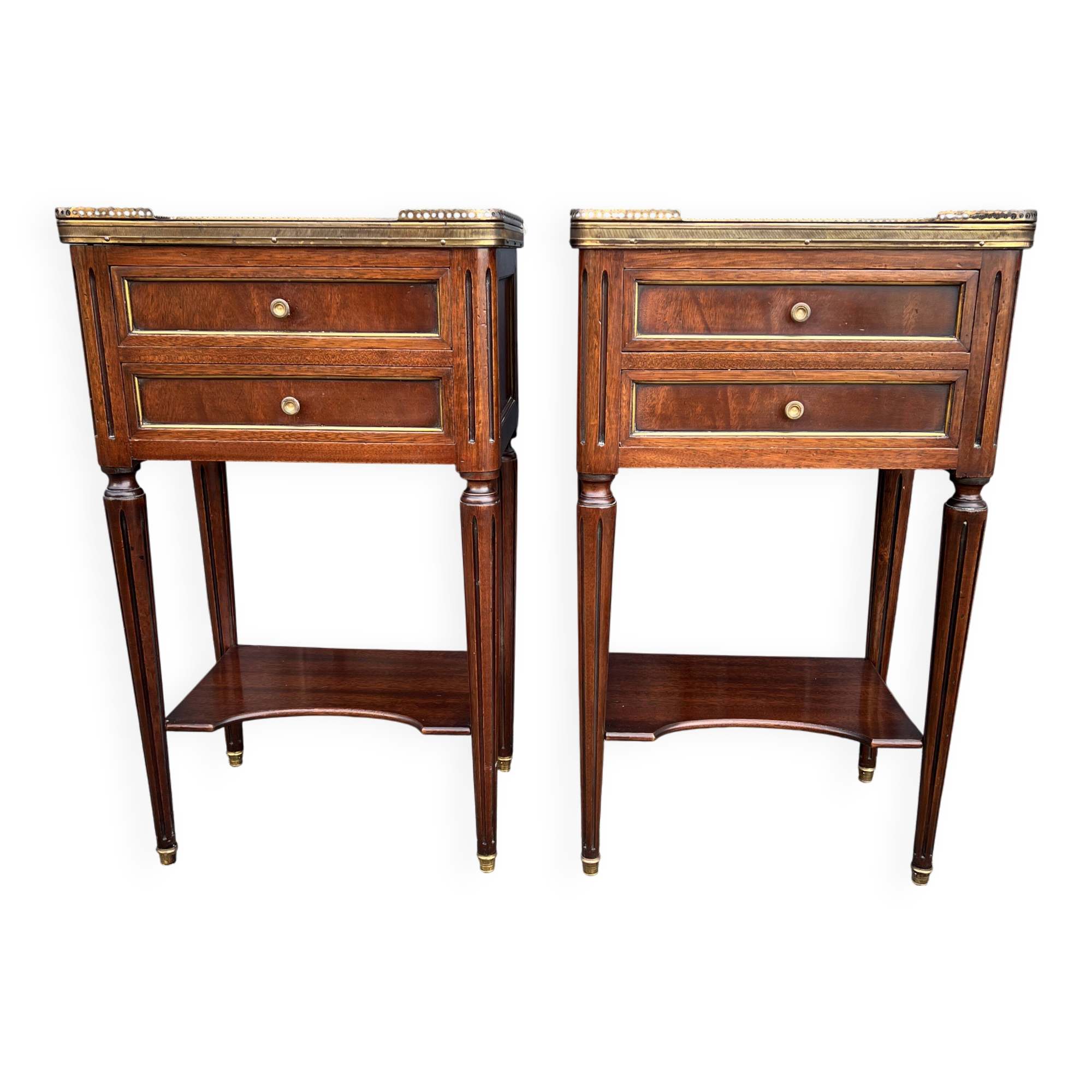 Pair of mahogany bedside tables, marble top, Louis XVI style