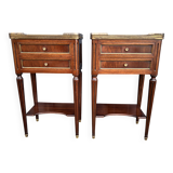 Pair of mahogany bedside tables, marble top, Louis XVI style