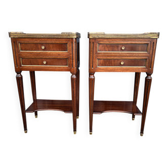 Pair of mahogany bedside tables, marble top, Louis XVI style