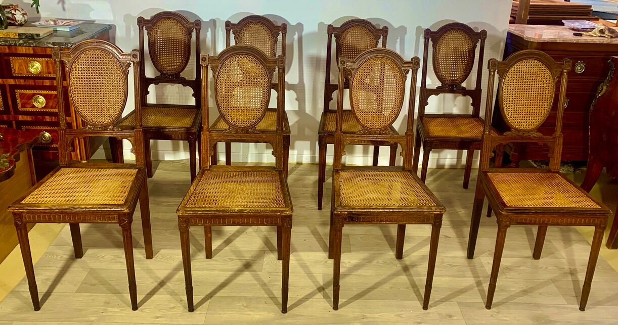 Canned chairs X 8, Louis XVI style, early XX, stamped Flandrin Paris