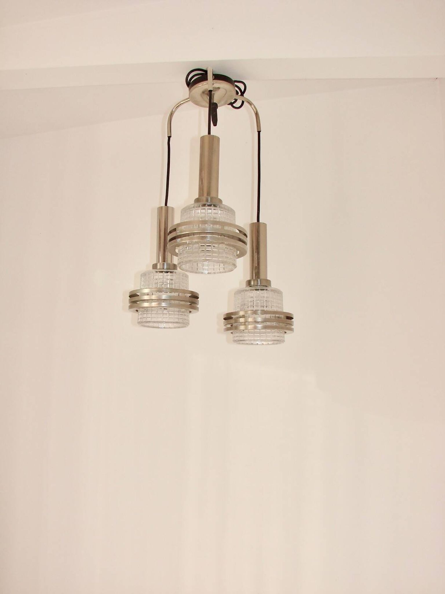 Modern pendant lamp, 1970s, metal and glass, 3xE27