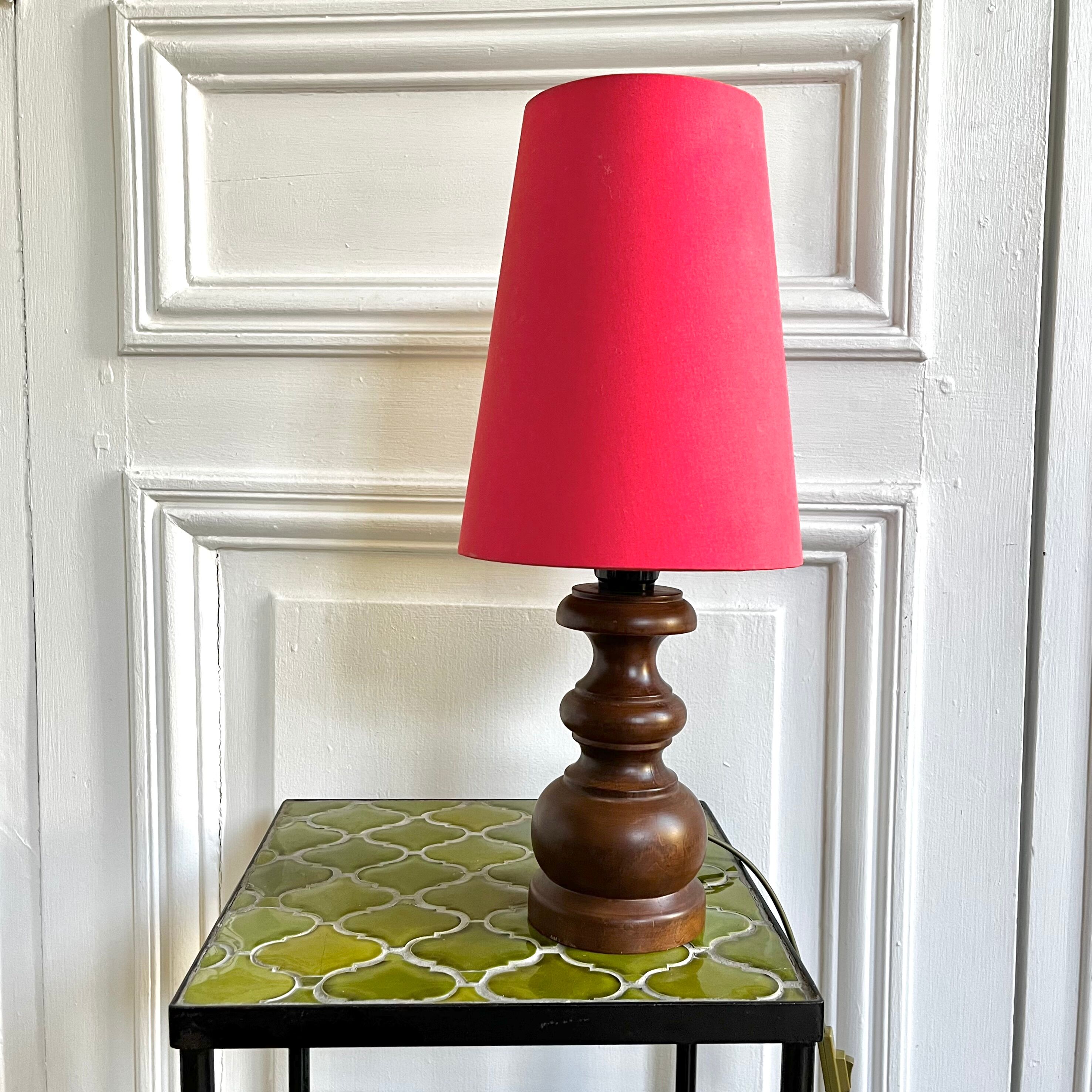 Turned wood lamp with vintage cone shade