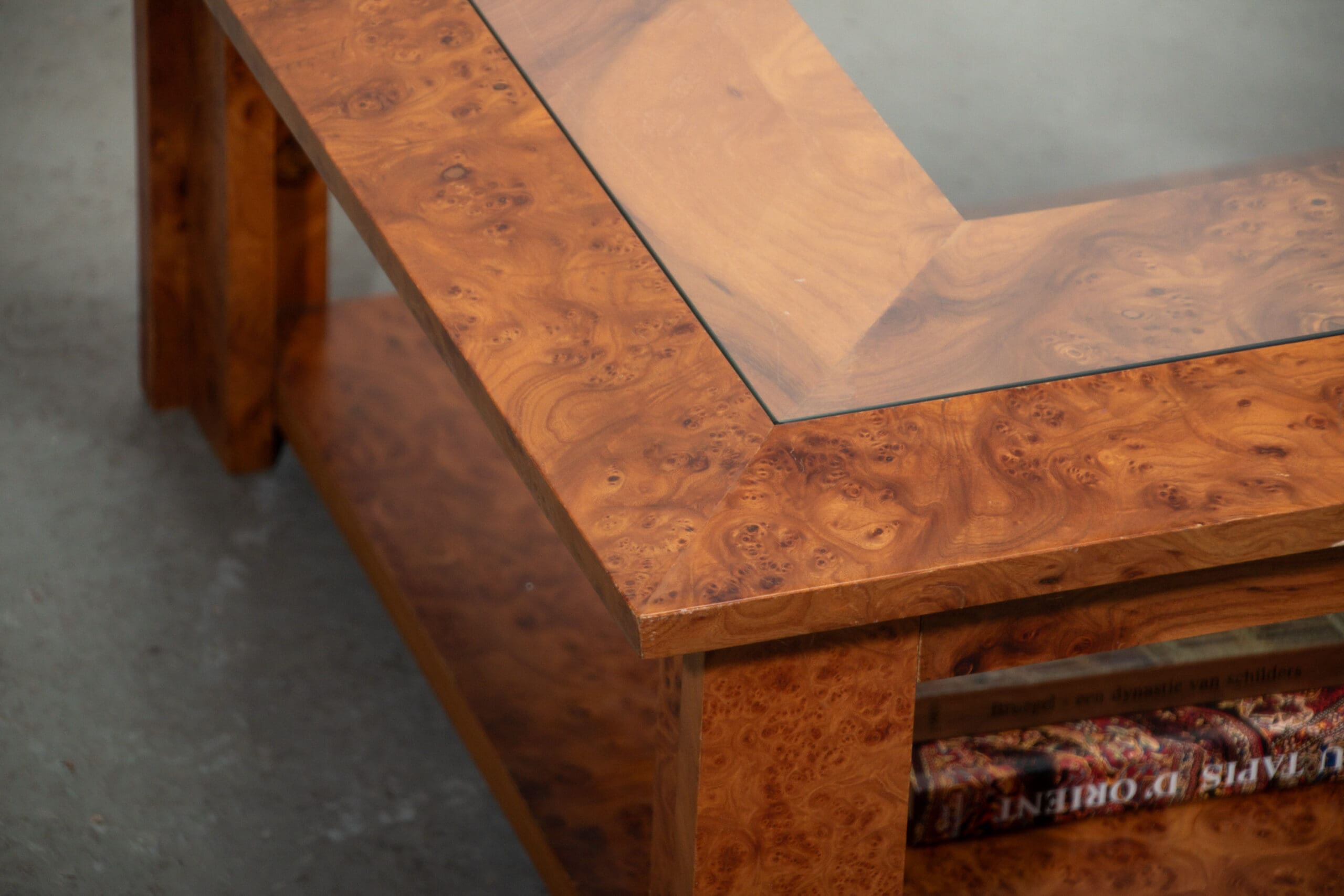 Walnut burl and glass coffee table circa 1980