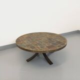 Vintage brutalist round coffee table in metal and slate from the 70s