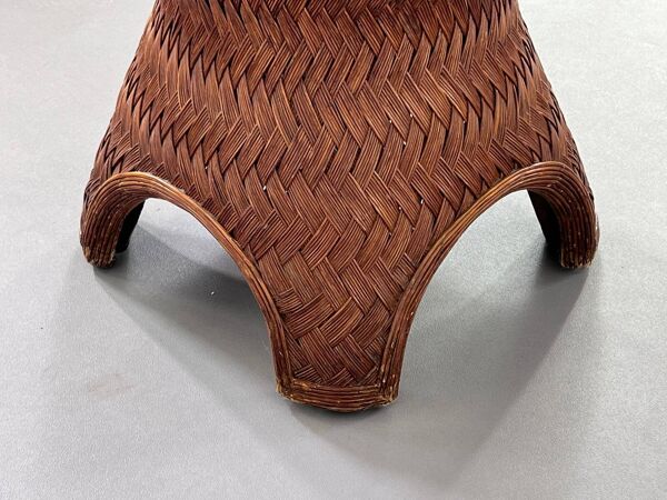 Table de Salle à Manger Ronde en Rotin Tissé et Verre Biseauté, 1970s