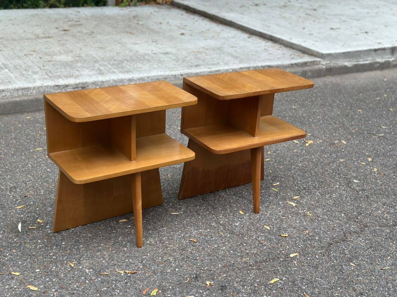 Asymmetrical Mid Century Modern bedside tables oak 1960