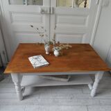 Coffee table with pearl gray patinated base, belt and shelf, wooden top.