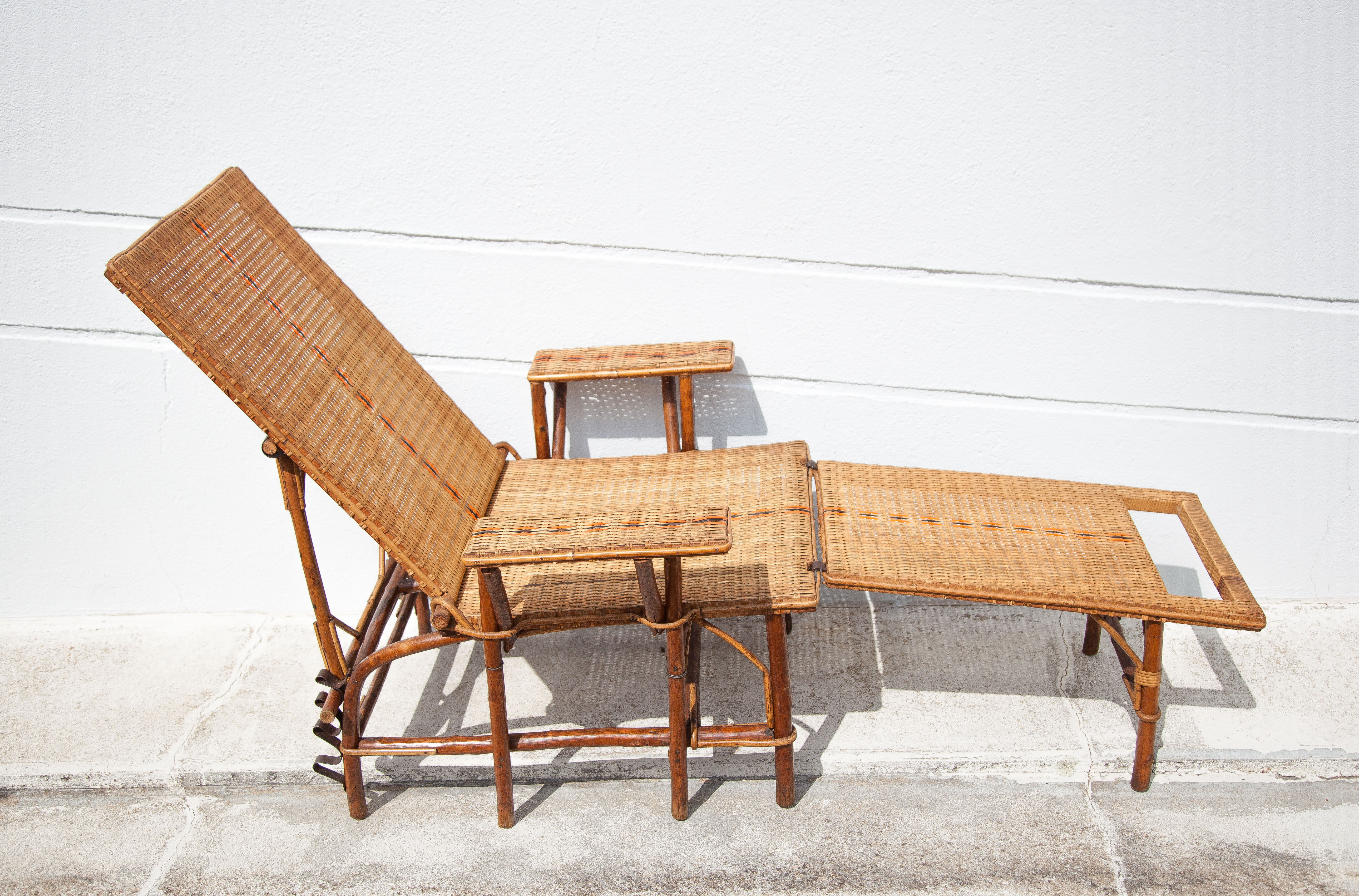 Antique rattan chaise longue, Chilean, rattan deckchair, folding backrest, removable footrest