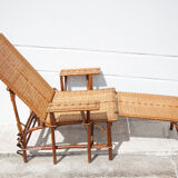 Chaise longue rotin ancienne chilienne transat rotin dossier rabattable, repose-pieds amovible