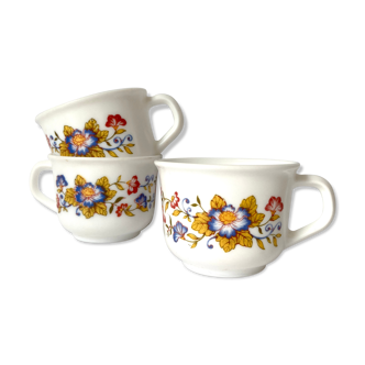 3 tasses a café/thé a fleurs en verre blanc arcopal