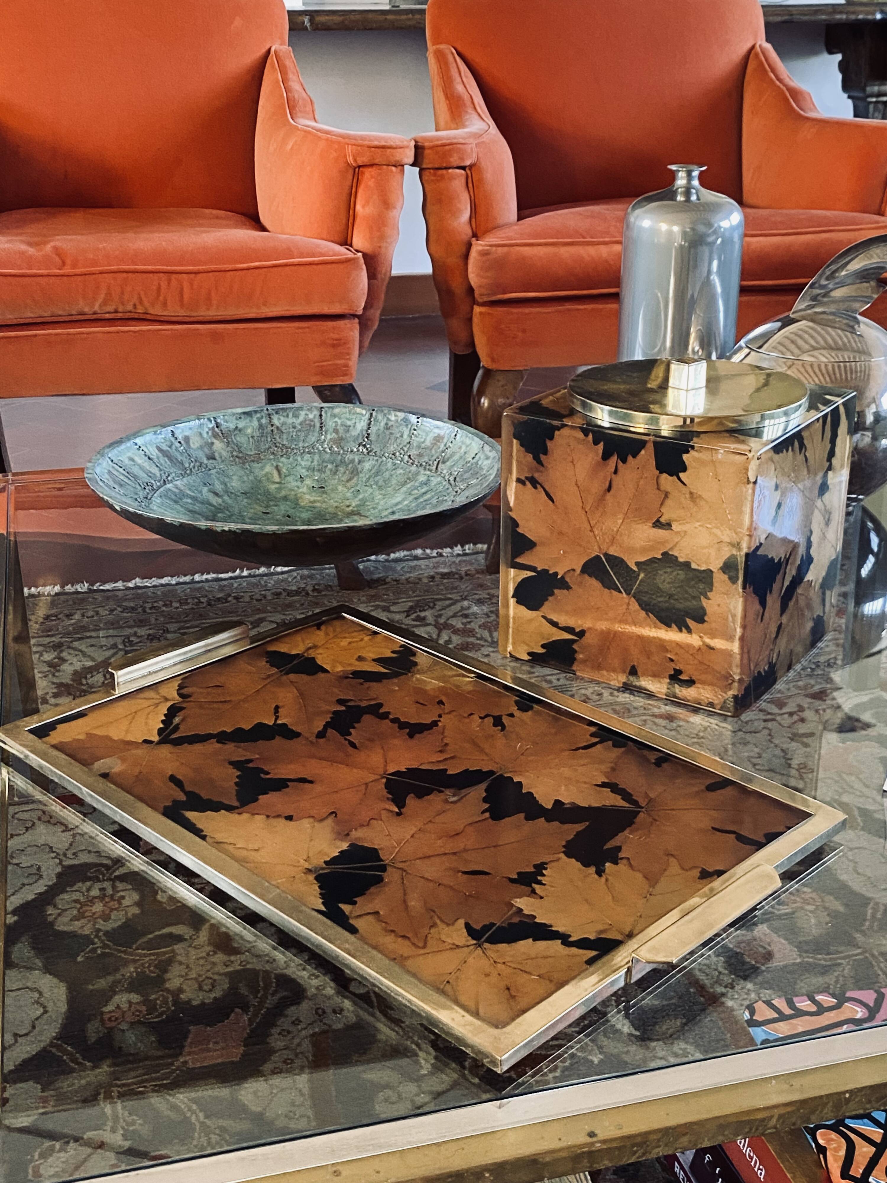 Hollywood regency brass and leaves resin tray, Montagnani Firenze Italy 1970s