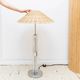 Richard Essig 1960s floor/table lamp with transparent glass body, chrome base, brown rattan shade