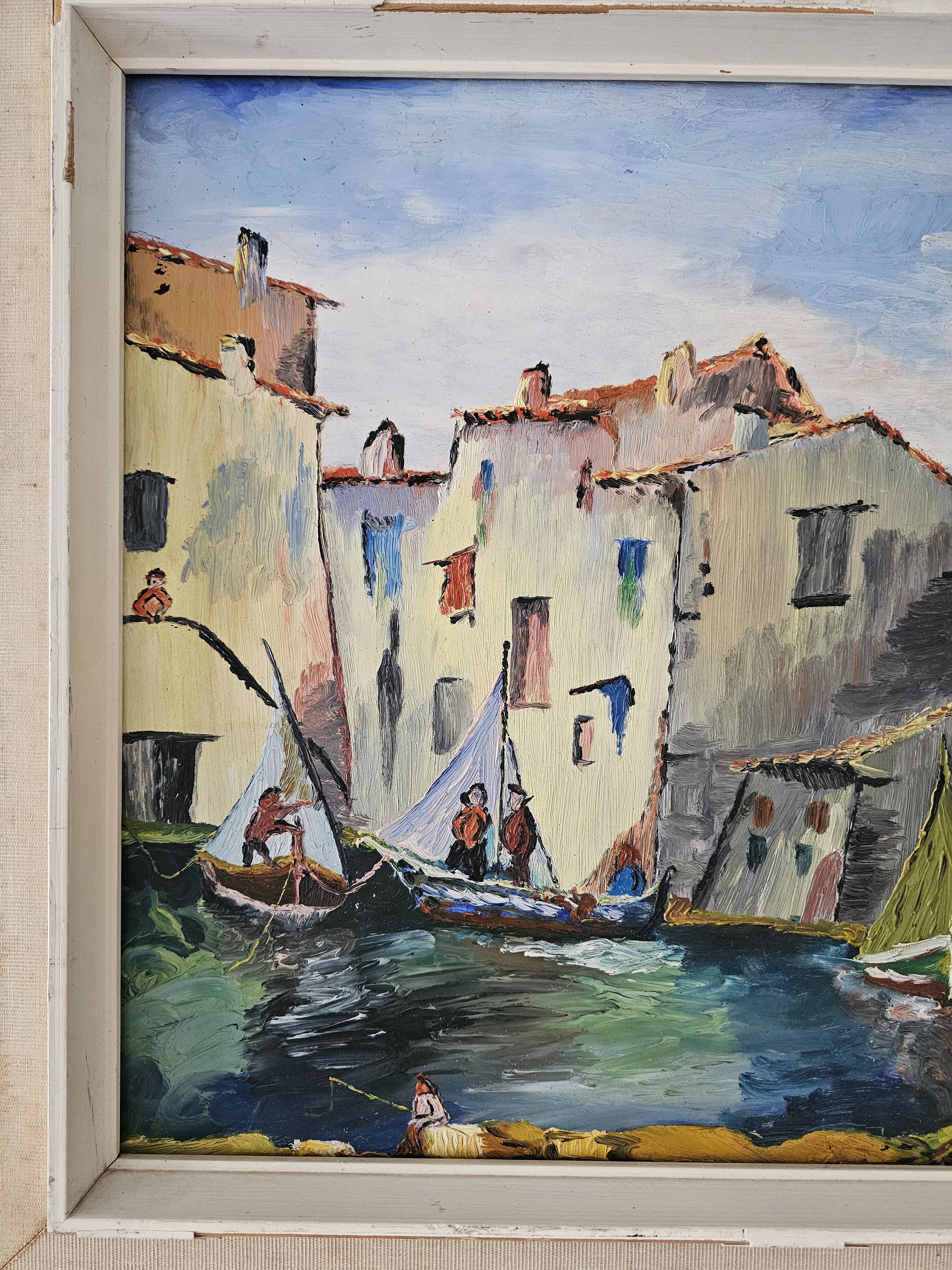 Oil painting on Isorel Marine Port Les Martigues signed (to be identified)