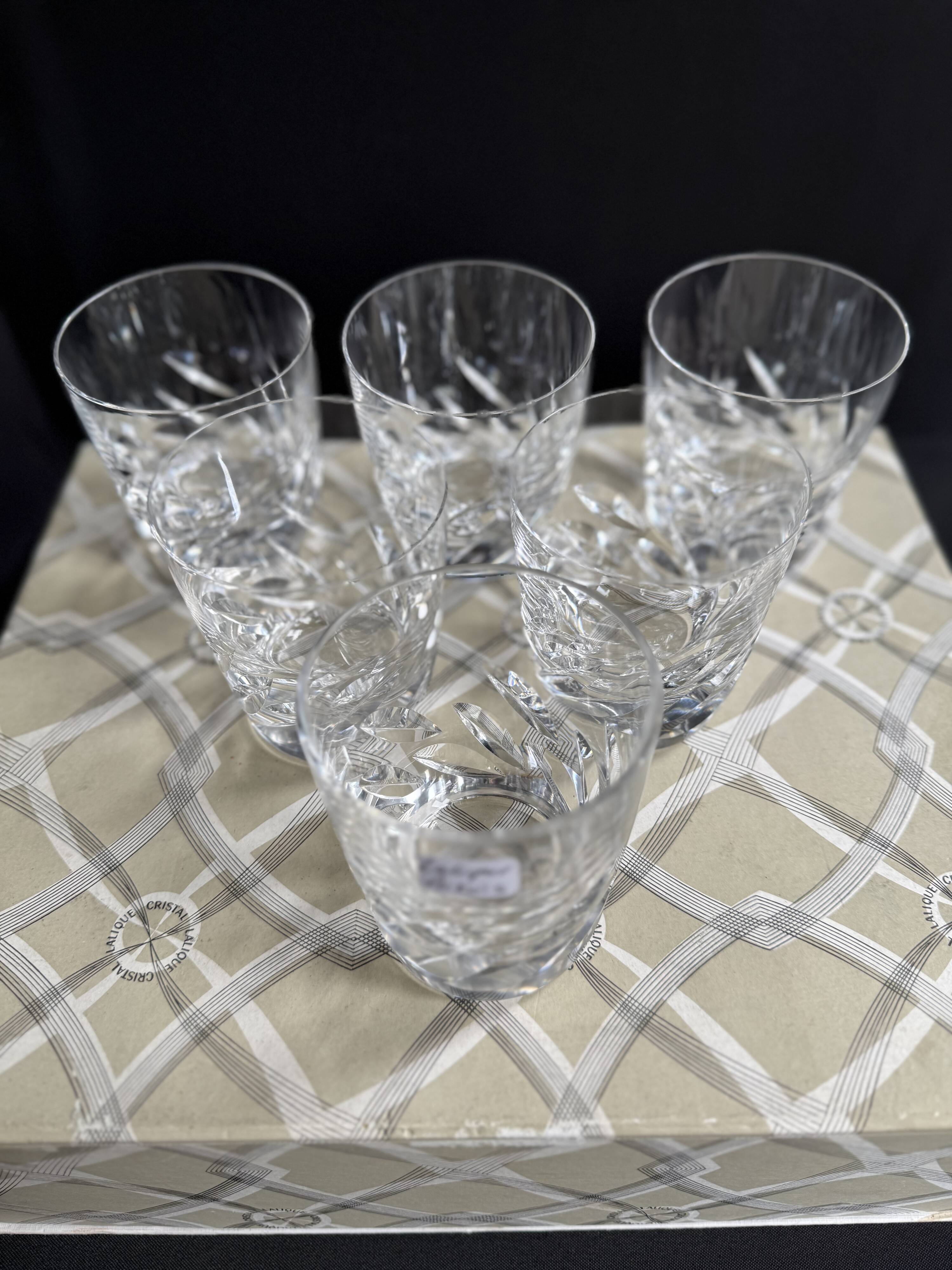 6 Lalique France Artois whisky glasses in a box