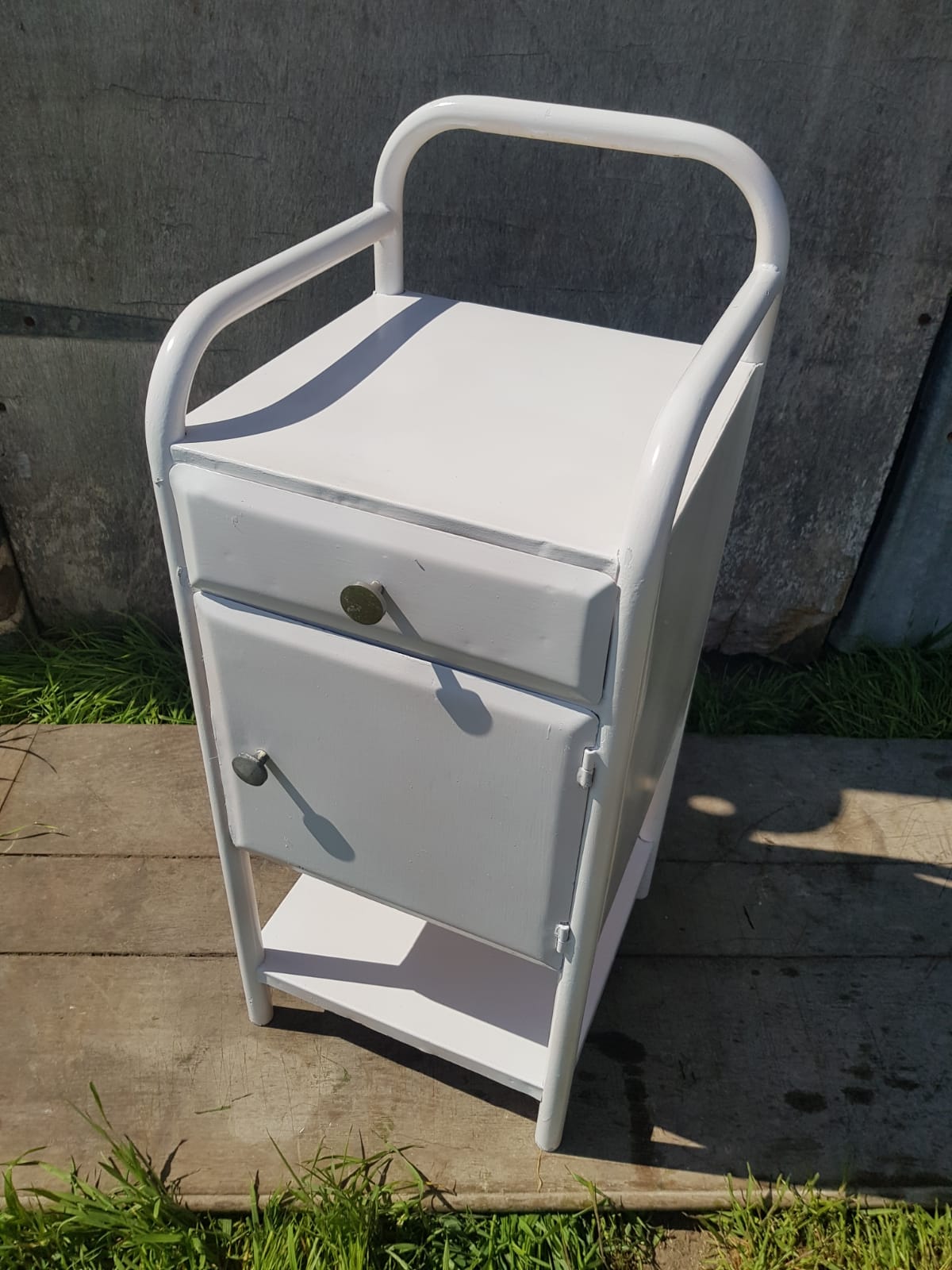 Pair Old Chevet Table De Nuit Internat Caisson - Vintage White Metal Drawer
