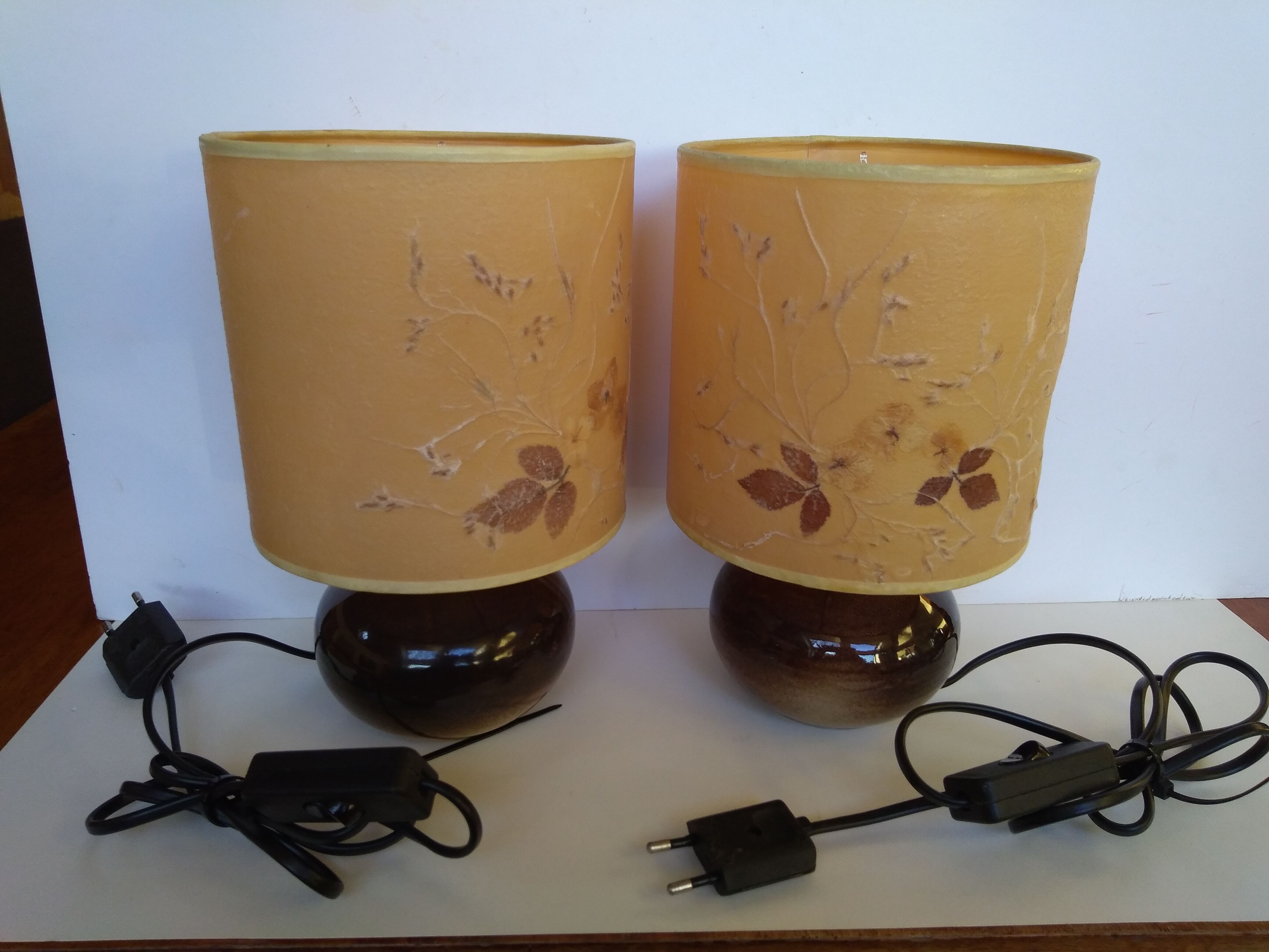 Paire de lampes en grès 70 abat-jour inclusion fleurs séchées