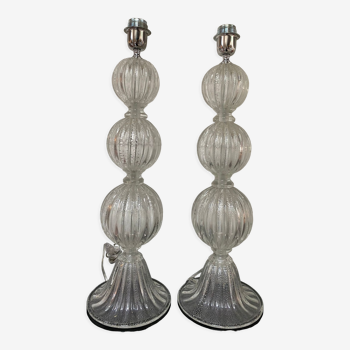Paire de pieds de lampes en verre de Murano transparent Alberto Dona années 70
