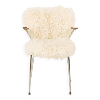 Mid century long hair sheepskin chair in the style of Arne Jacobsen, Denmar
