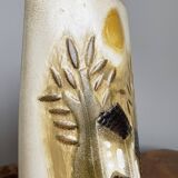Beige-Yellow Chinese Ceramic Vase with Tactile Design Depicting Houses, Sun, Trees and Countryside