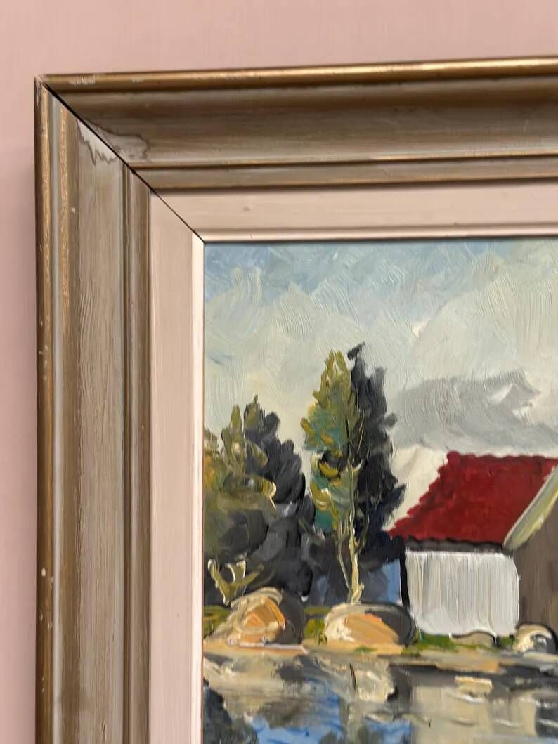 Original Swedish Oil on Canvas – "Houses and Trees", Unknown Artist – Signed, Vintage and Framed – 53.5 x 46 cm (21 x 18 inches)