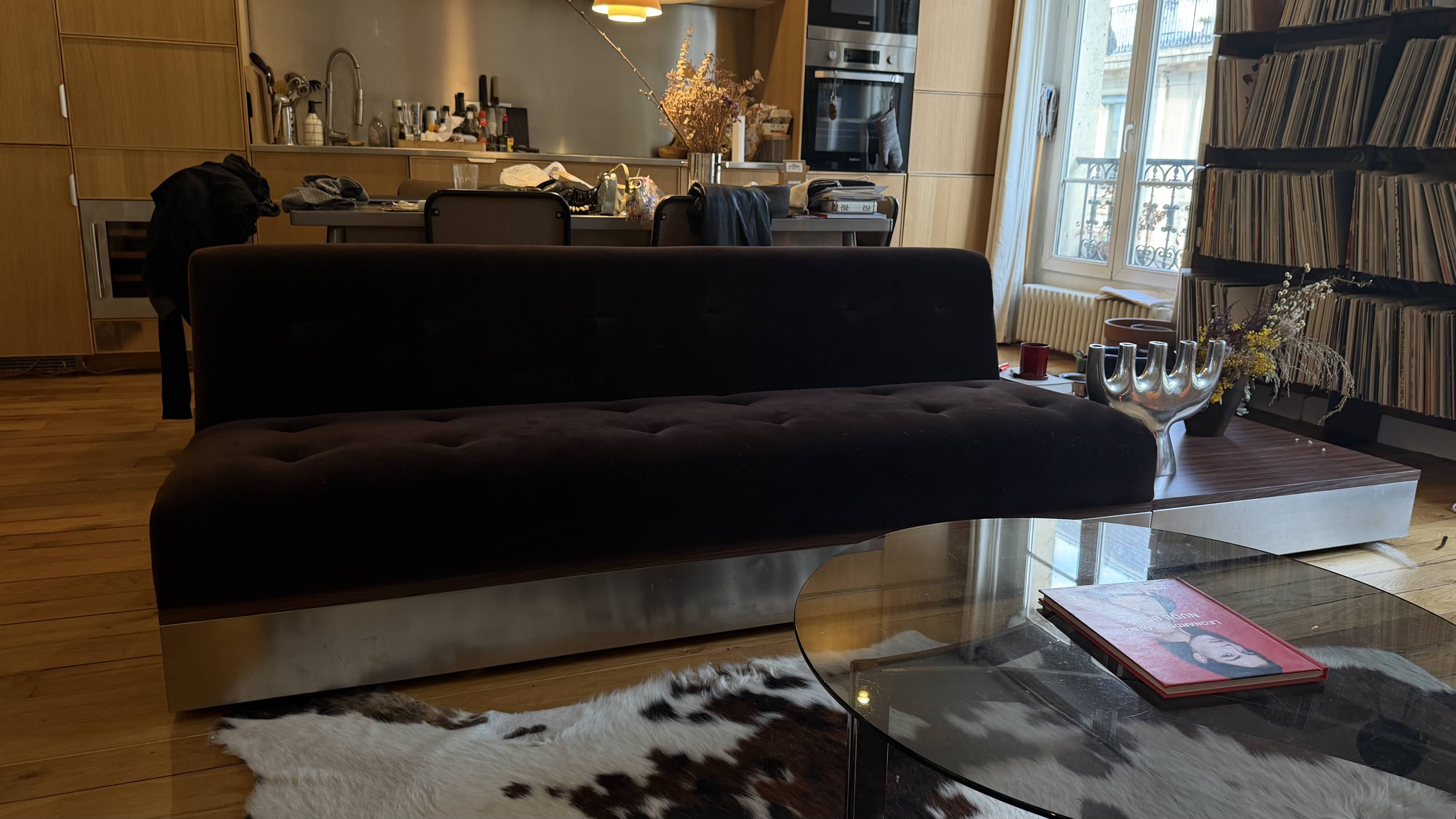 Red Edition Stanley 3-seater sofa with matching chocolate velvet storage.
