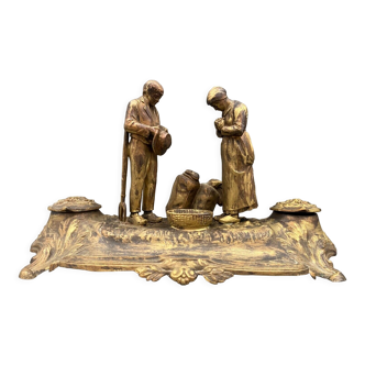 Bronze inkwell nineteenth decoration of peasants golden patina