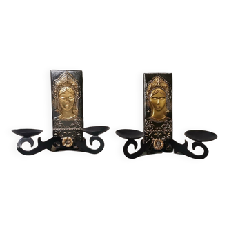 Pair vintage 1980s copper double candle holders for table or wall