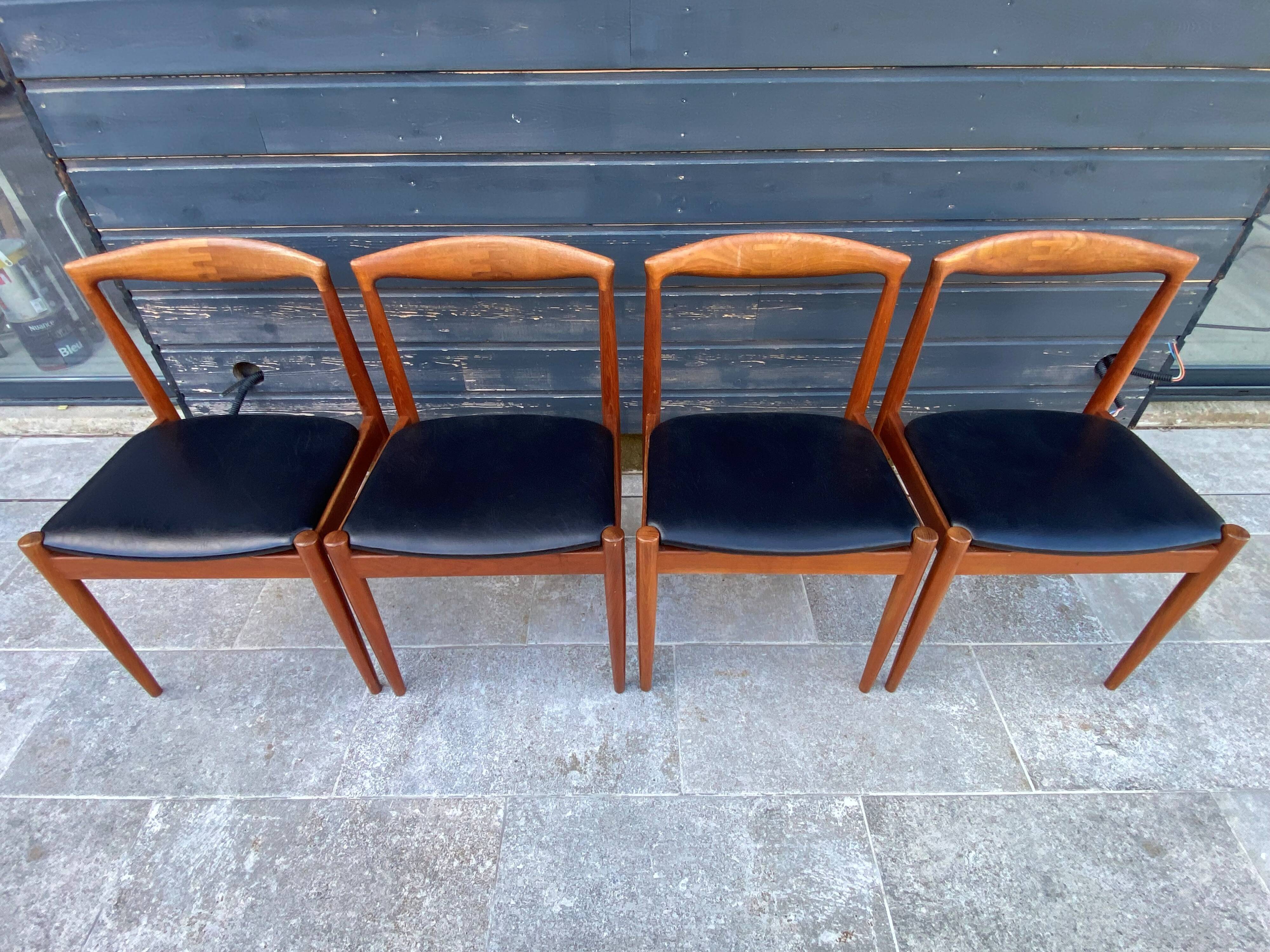 Set of 4 Scandinavian chairs by Johannes Andersen, Vamo Sonderborg, teak and imitation leather, 1960