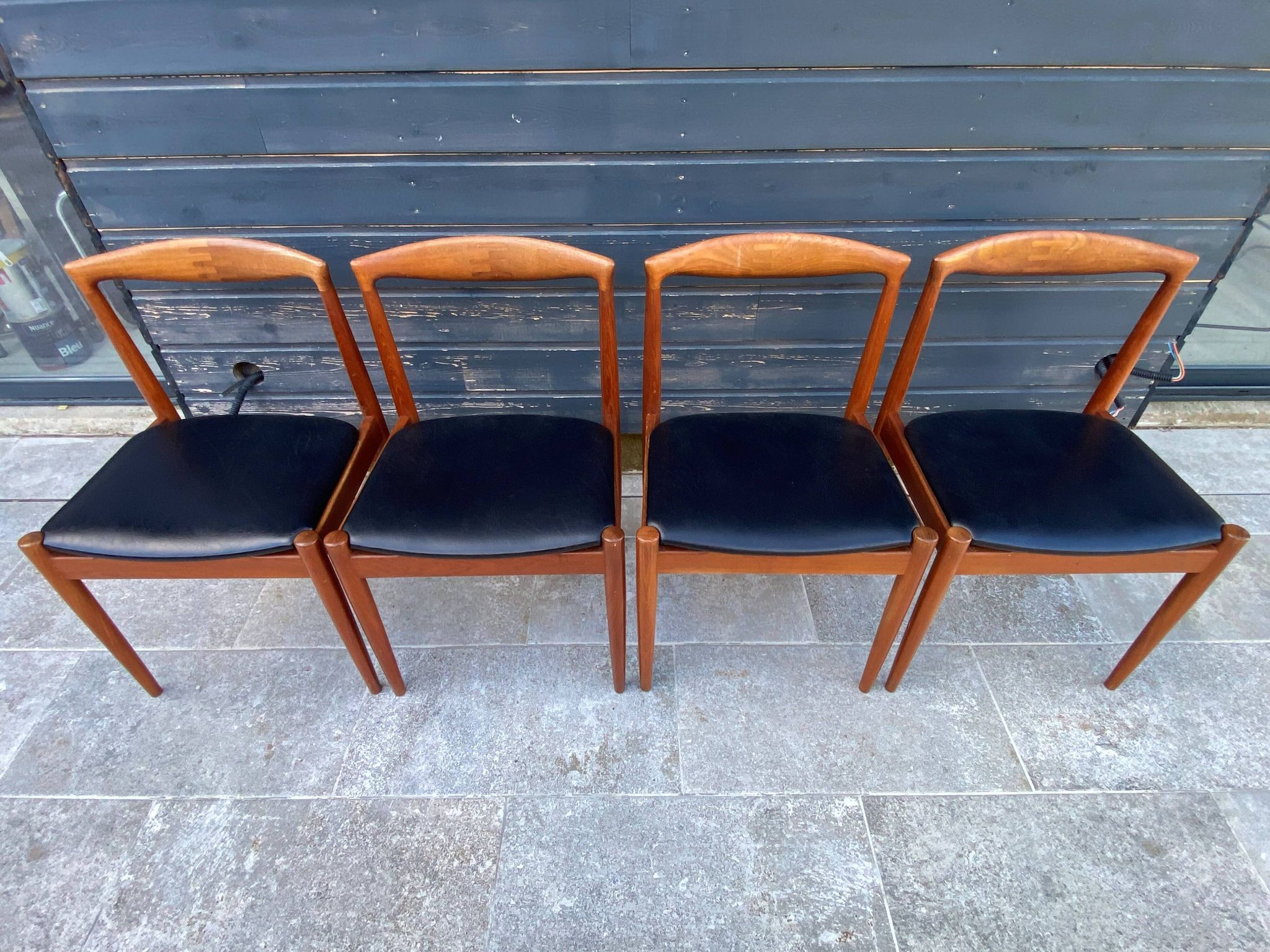 Set of 4 Scandinavian chairs by Johannes Andersen, Vamo Sonderborg, teak and imitation leather, 1960