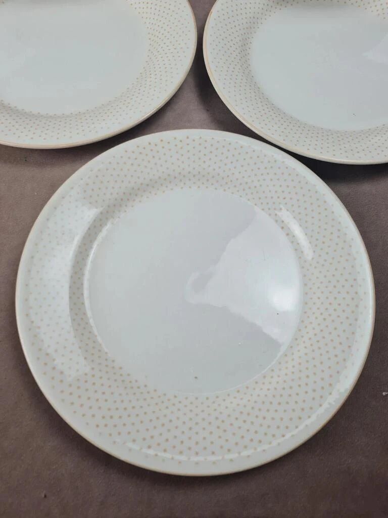 Assiettes Gien modernistes à pois dorés – lot de 9