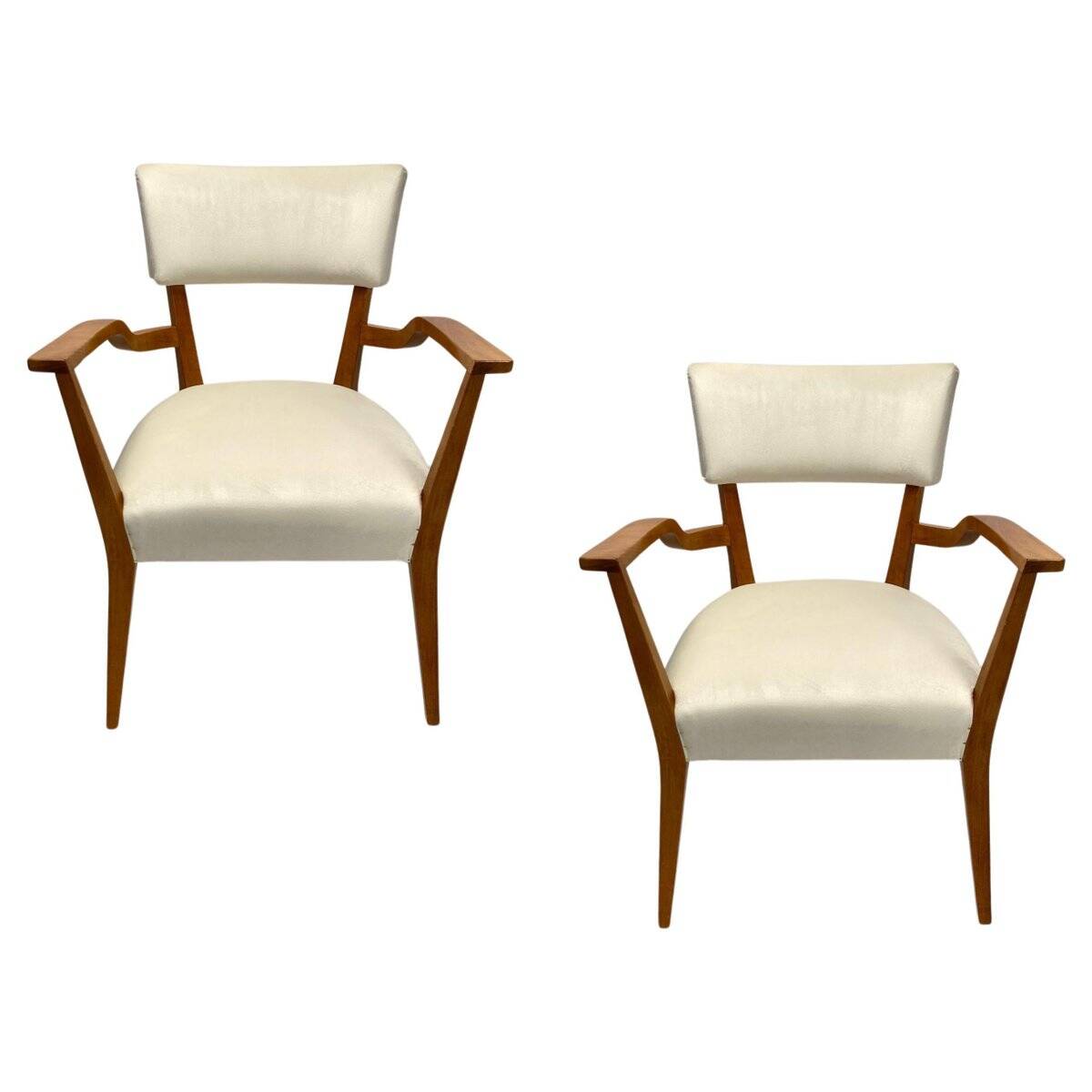 Paire de fauteuils organiques en velours et bois dans le style de Gio Ponti, années 50