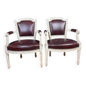 Pair of Louis XVI cabriolet armchairs in lacquered wood and leather circa 1850
