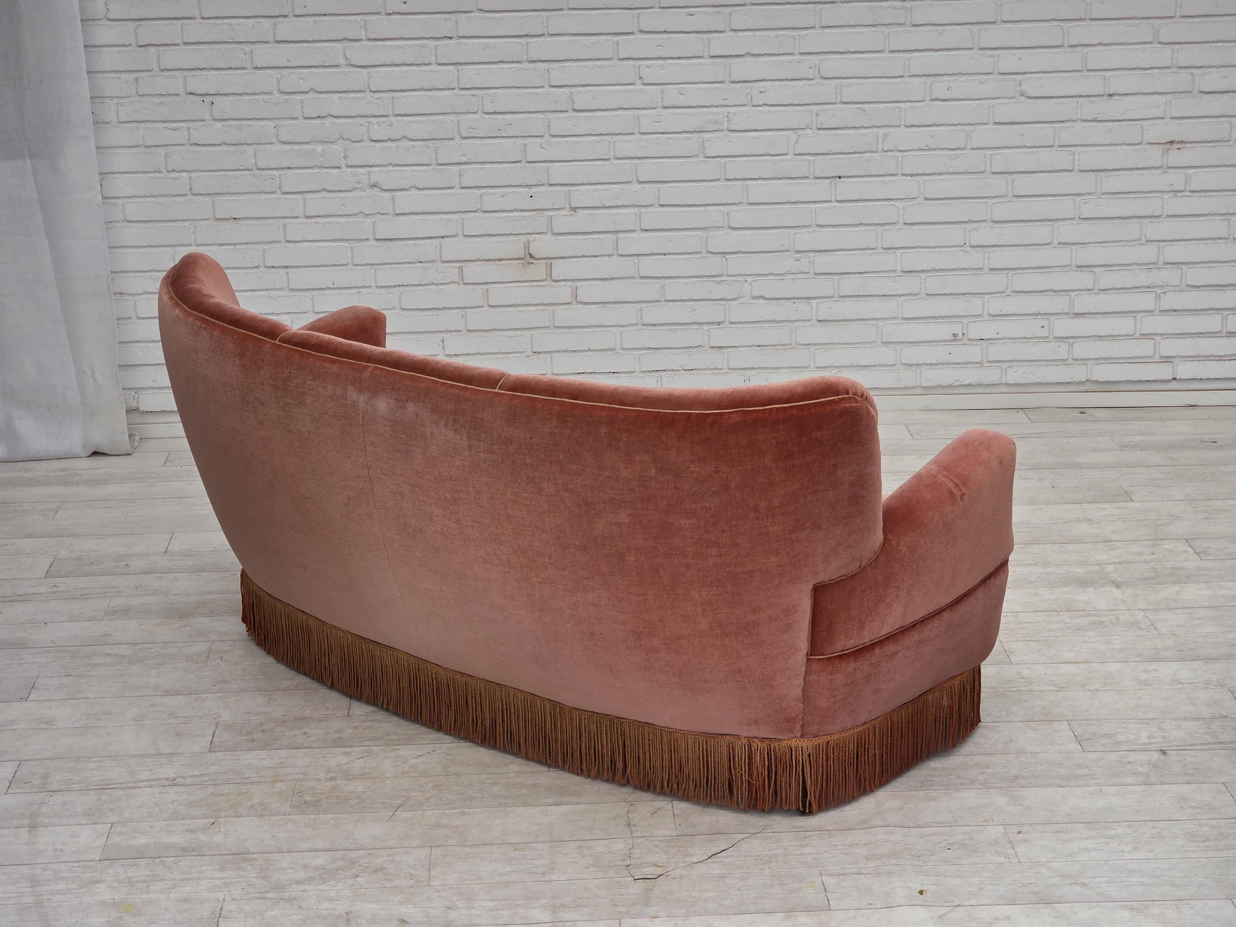1970s, 3-seater Danish curved sofa, pink furniture velour.