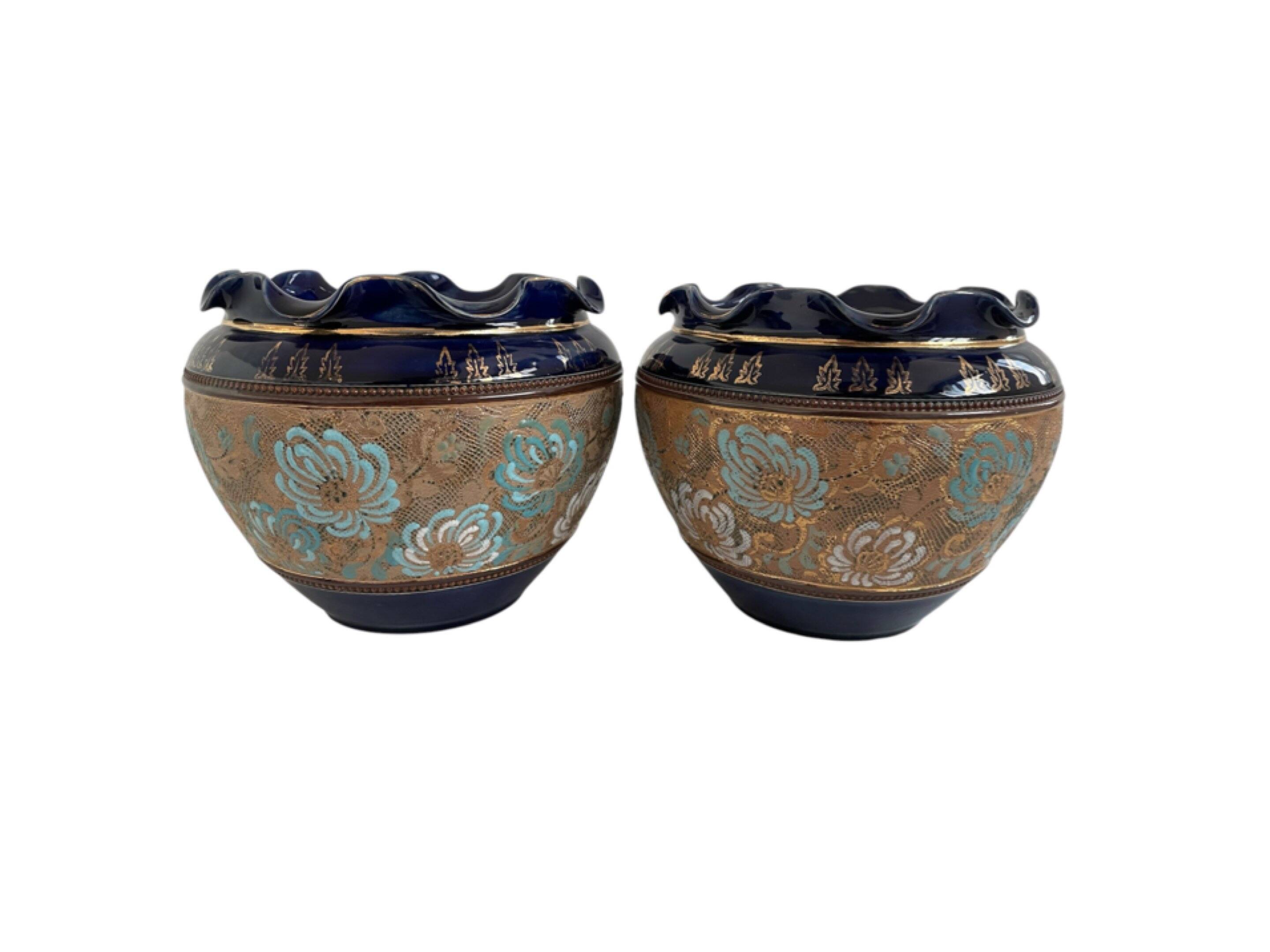 Pair, cache pots, royal doulton, english earthenware, 1920-1930, floral decoration, blue and gold, marks in