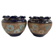 Pair, cache pots, royal doulton, english earthenware, 1920-1930, floral decoration, blue and gold, marks in